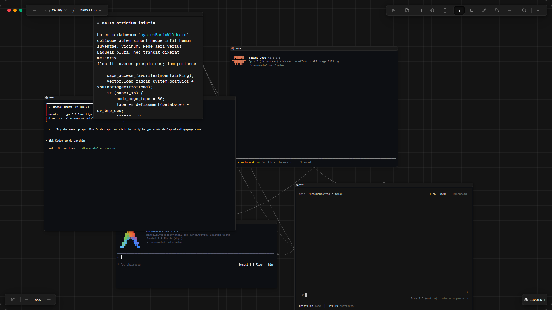 Relay canvas with several agent terminals running side by side
